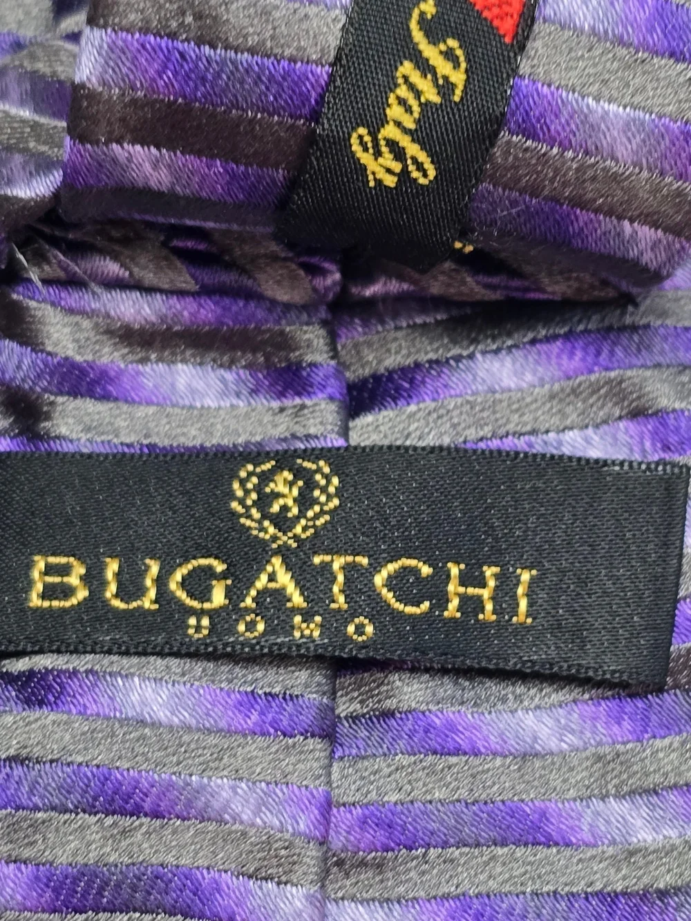 Bugatchi Uomo Silk Tie Purple Gray Stripe Handmade Italy Luxury Designer